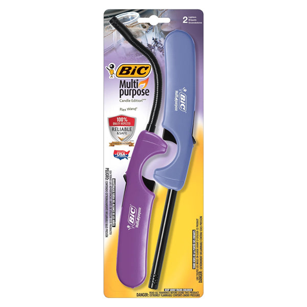 The BIC Multi-Purpose Candle Edition Lighter & Flex Wand Lighter 2-Pack features two child-resistant lighters packaged side by side in branded plastic blister packaging with safety info, delivering the reliability expected from BIC.